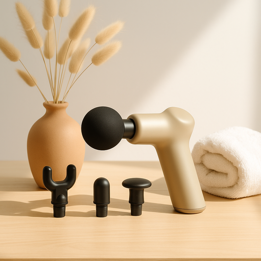 Pistolet de massage avec plusieurs têtes posée sur une table avec un thème zen et bien-être 