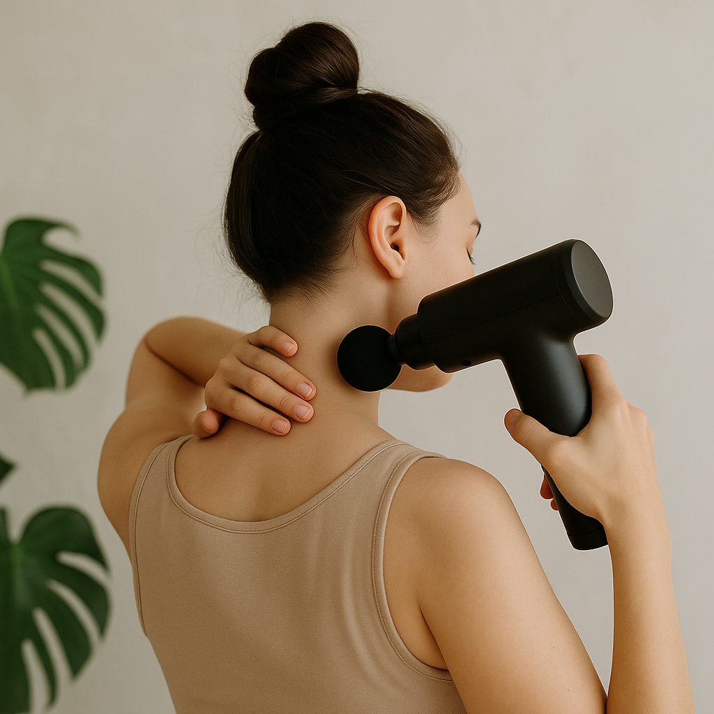 Femme utilisant un pistolet de massage sur la nuque pour soulager les tensions cervicales dans une ambiance zen et apaisante