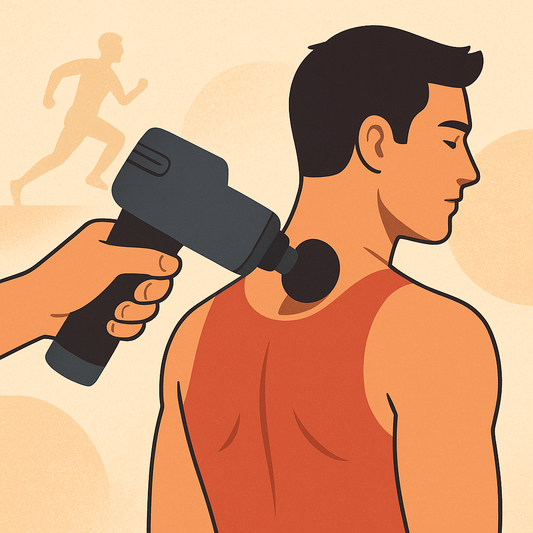 Illustration d’un pistolet de massage musculaire utilisé par un sportif pour la récupération, montrant l’utilisation d’un pistolet masseur professionnel.