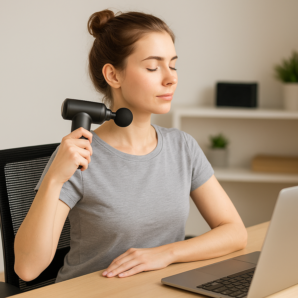 Jeune femme utilisant un mini pistolet de massage portable sur son bras pour soulager les tensions musculaires