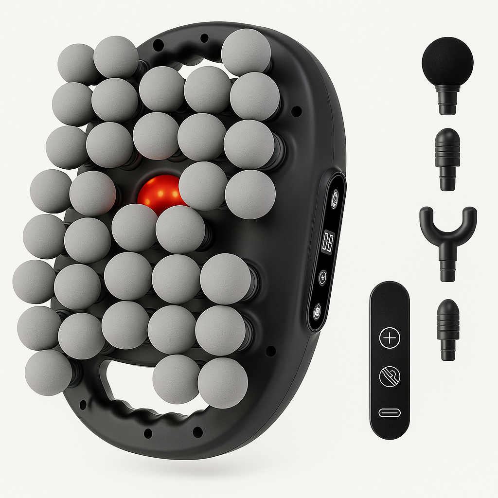 Pistolet de massage multi-têtes puissant avec différentes têtes de massage pour cibler dos, jambes et épaules, idéal récupération et détente.