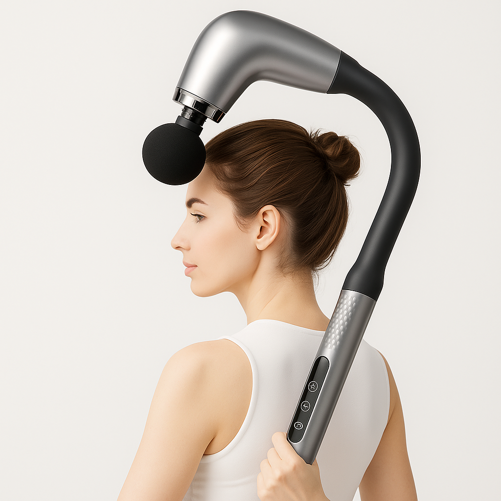 Pistolet de massage ergonomique à manche long, idéal pour atteindre le dos et les zones difficiles d’accès