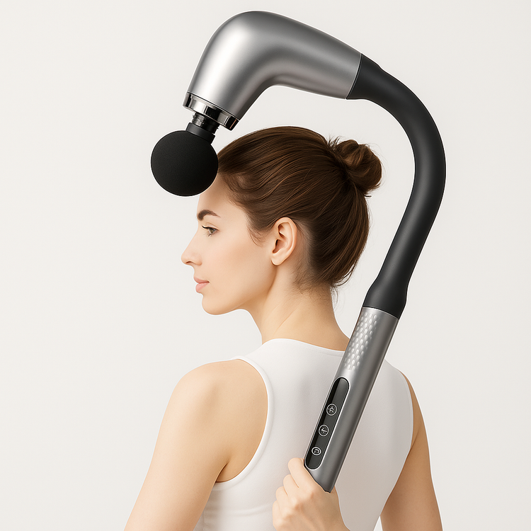 Pistolet de massage ergonomique à manche long, idéal pour atteindre le dos et les zones difficiles d’accès