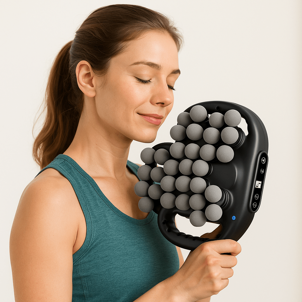 Femme utilisant un pistolet de massage sur l’épaule pour soulager les tensions musculaires et retrouver son énergie
